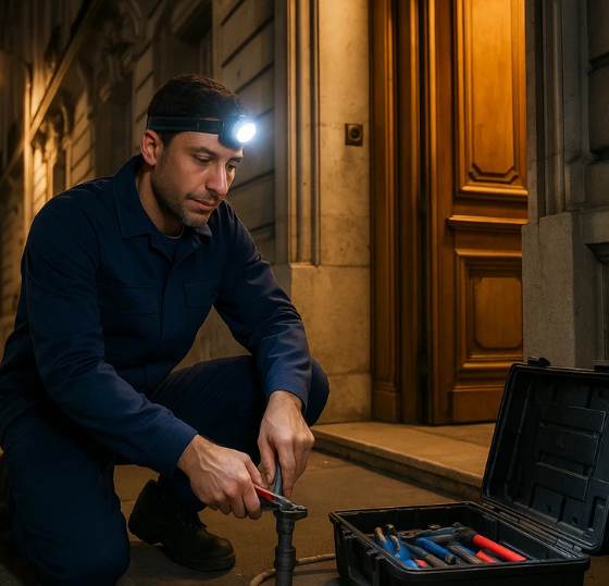 Plombier travaillant en pleine nuit devant une porte d’entrée, équipé d’une lampe frontale et d’une mallette à outils, sur un trottoir parisien
