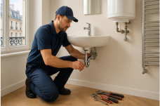 Plombier intervenant sous un lavabo pour réparer un siphon, avec plusieurs outils de plomberie au sol, dans une salle de bain parisienne lumineuse