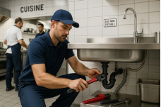 Plombier en train de réparer le siphon d’un évier inox dans une cuisine de restaurant