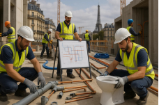 Équipe de plombiers sur un chantier parisien avec vue sur la tour Eiffel, posant des conduites et installant des équipements sanitaires, plan de plomberie affiché sur tableau