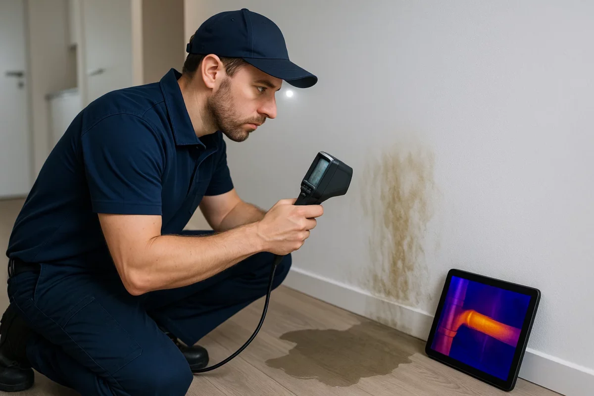 Technicien utilisant une caméra thermique pour localiser une fuite d’eau dans un mur, avec traces d’humidité et écran affichant une canalisation