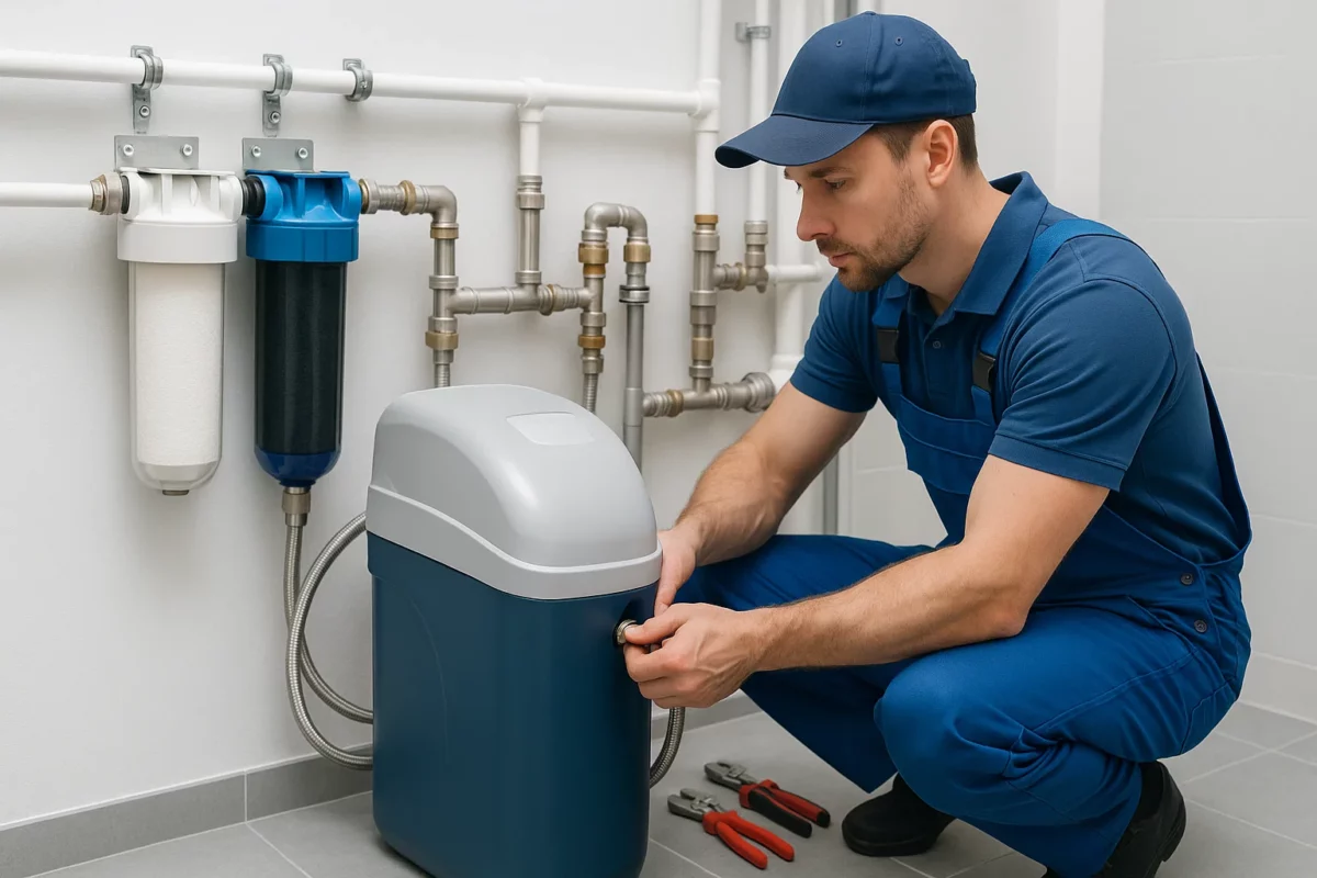 Technicien en plomberie installant un adoucisseur d’eau domestique, connecté à un système de filtration, dans une pièce technique moderne