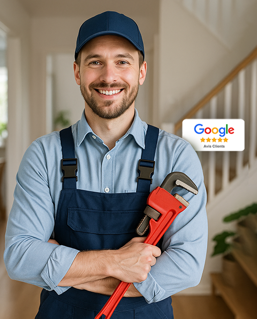 Plombier souriant tenant une clé à molette, en tenue professionnelle, avec badge d’avis Google 5 étoiles en arrière-plan, dans une maison moderne